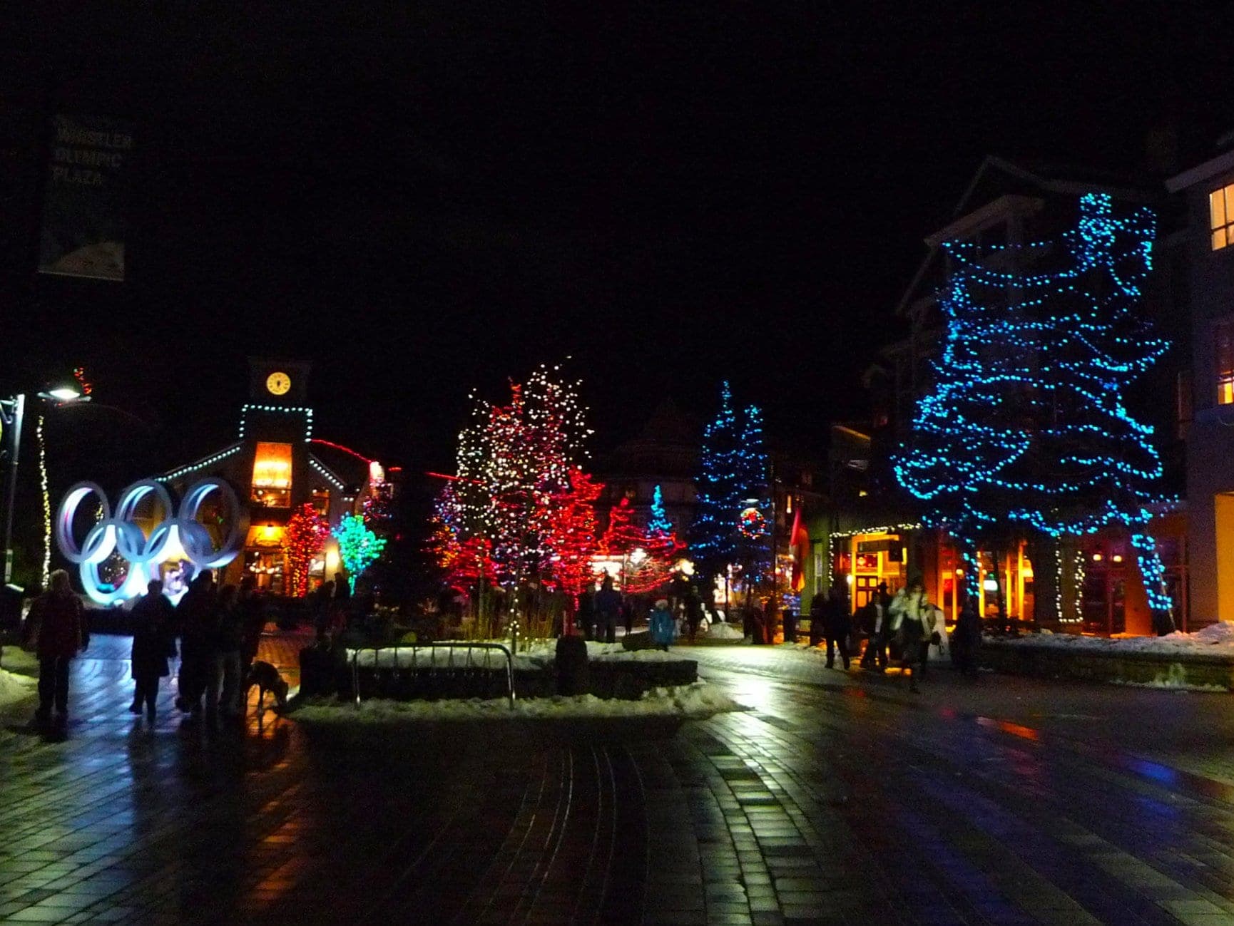 Christmas lights wrap the trees around the Olympic rings on the Whistler Village Stroll on a wet December night.