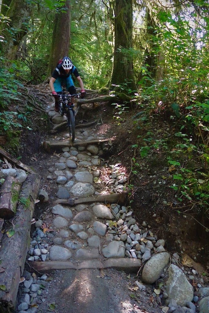 A rider rolls down the stone and timber steps of the Bottle Top trail in the Lower Seymour Conservation Reserve.
