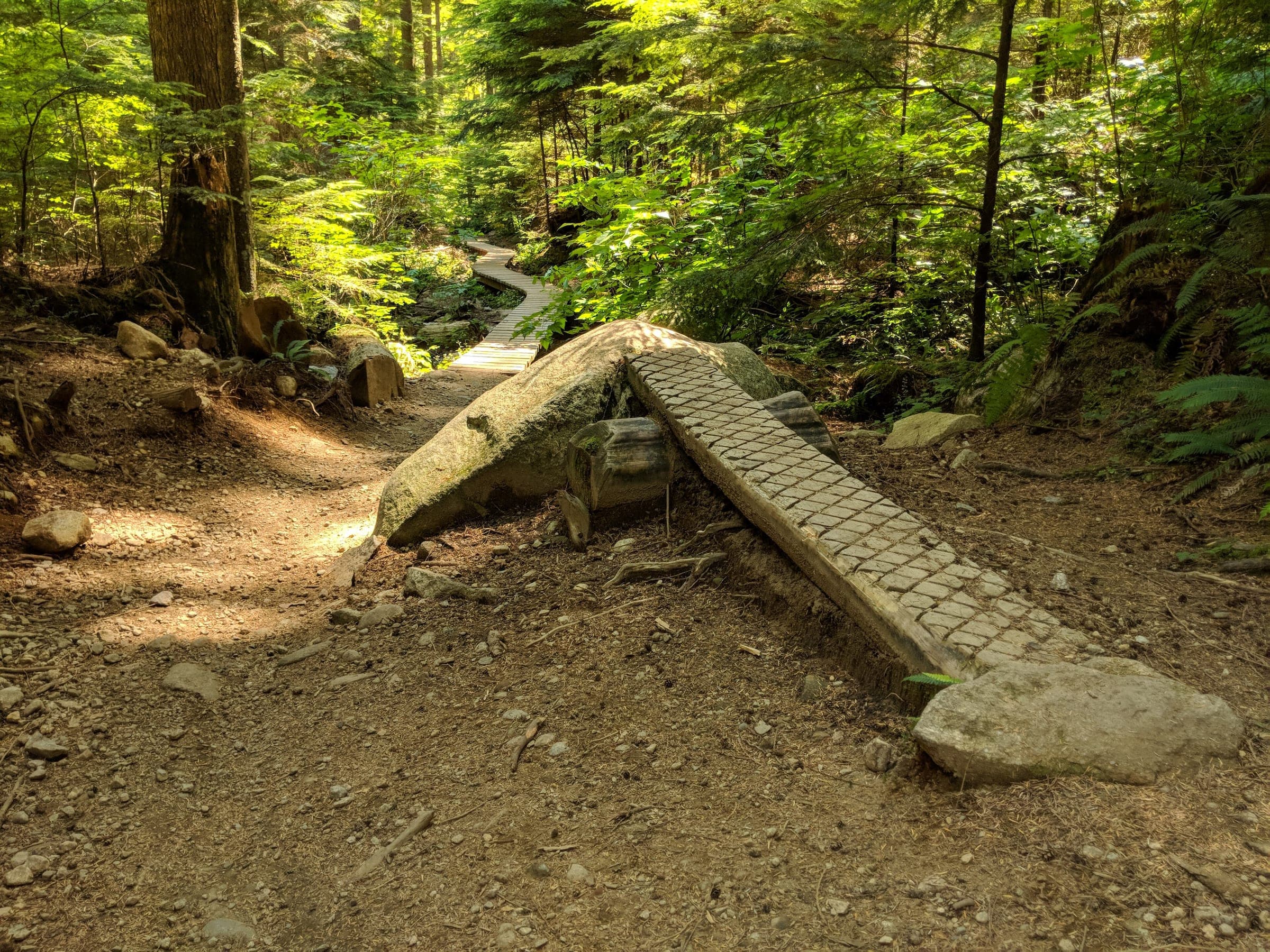 A wooden ramp runs onto a granite boulder roller on the Roadside Attraction trail on Mount Fromme.